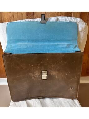 PIQUADRO Brown Leather High-Tech Classic Doctor Briefcase blue trim used scuffs